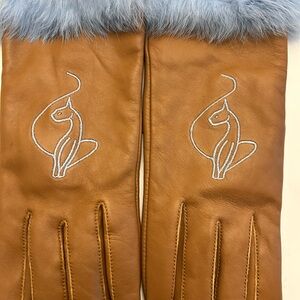 Elegant Tan Leather Gloves with Silver Embroidery